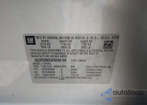 2015 Chevrolet Silverado 1500 1Lt from USA, damaged, VIN 3GCPCREC9FG268188